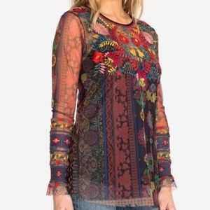 JOHNNY WAS Biya Sheer Mesh Top Embroidered Cuffs Blouse Floral